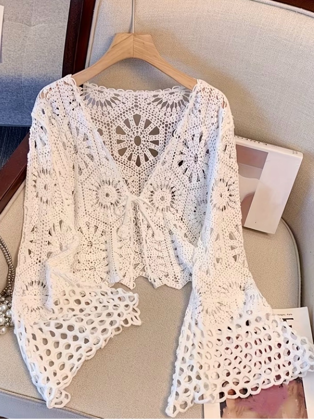 White Crochet V-Neck Bell Sleeve Sweater
